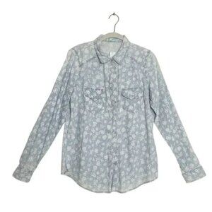 Maurices Light Wash Blue Chambray Denim & White Floral Boho Button Up Top